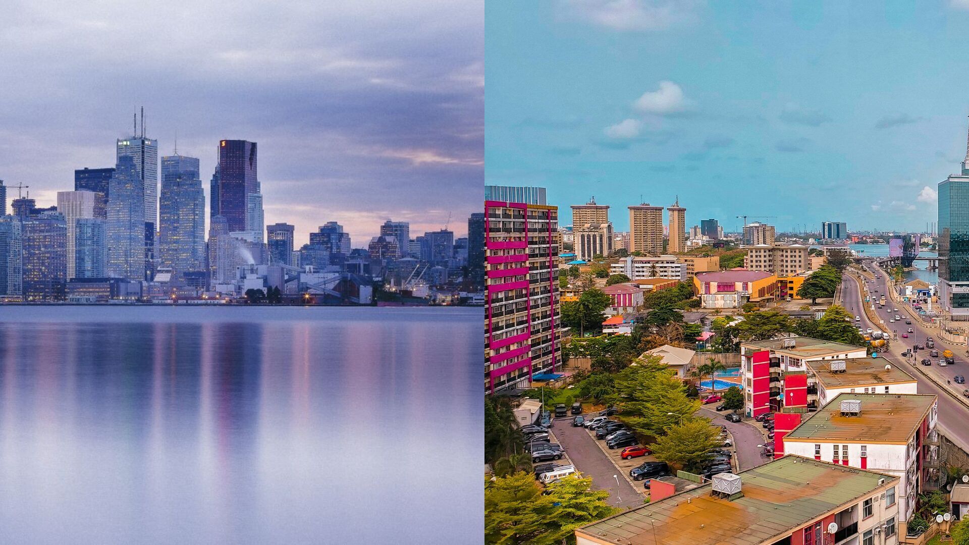 Toronto and Lagos skylines connected — representing SafeVerifyNG's cross-border verification network